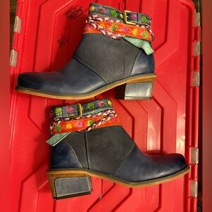 Women's Navy Leather Ankle Boots with Floral Trim